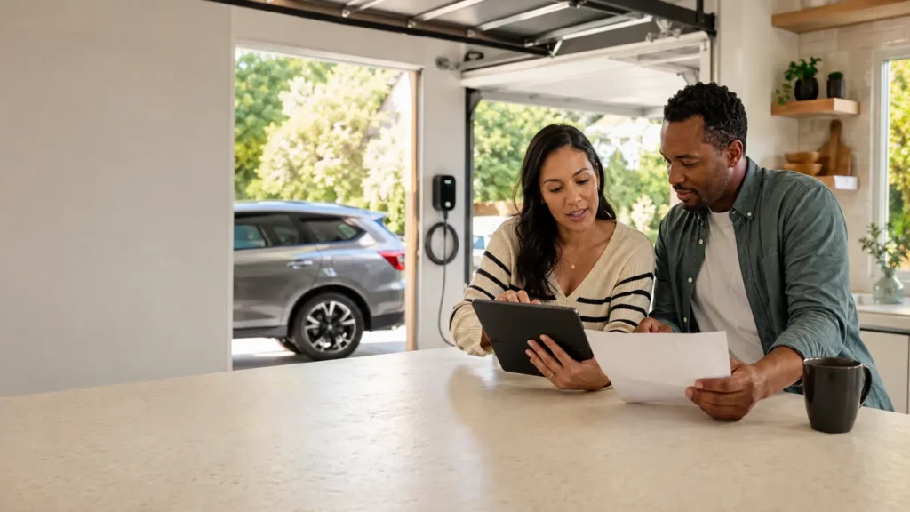 Couple reviewing their home EV charging needs on a tablet beside an open garage