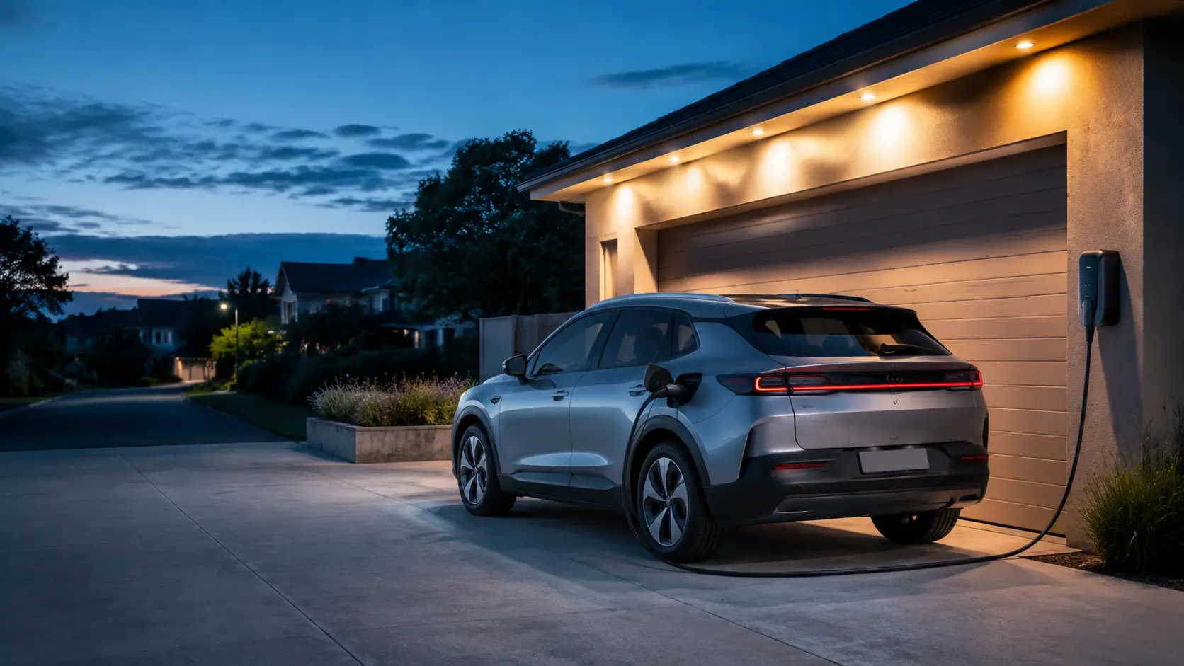 Electric vehicle connected to a generic home charger in an American driveway at dusk
