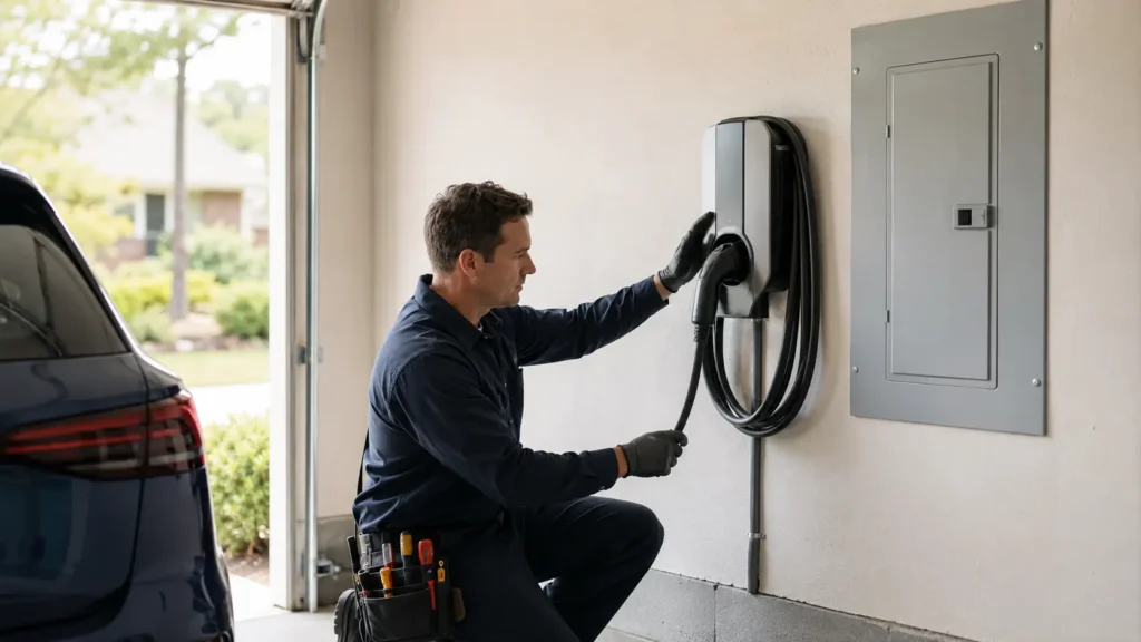 Licensed electrician reviewing a generic Level 2 home EV charging installation